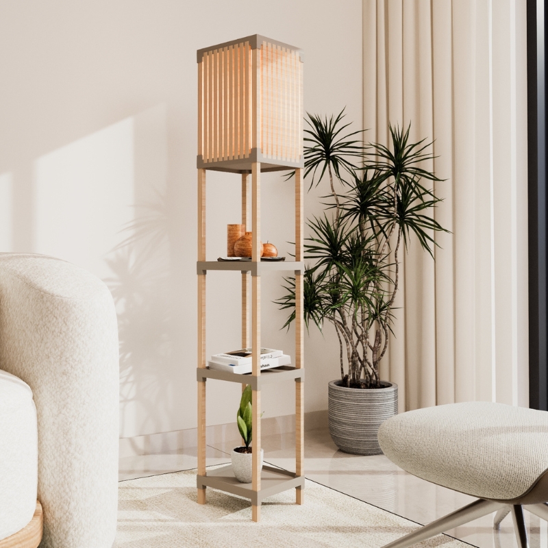 Φωτιστικό δαπέδου ξύλινο – πλαστικό χρώμα φυσικό – μπεζ 24x22x137εκ.