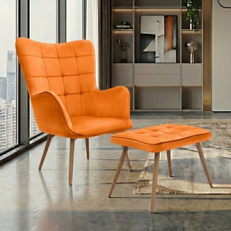 Πολυθρόνα – Μπερζέρα με υποπόδιο Lily Megapap κροκί βελούδο – μεταλλικό πόδι χρώμα φυσικό 70x62x98εκ.