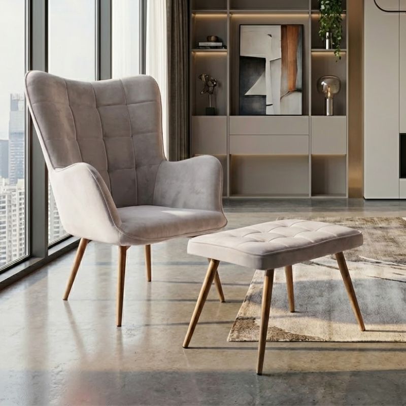 Πολυθρόνα – Μπερζέρα με υποπόδιο Lily Megapap μπεζ βελούδο – μεταλλικό πόδι χρώμα φυσικό 70x62x98εκ.