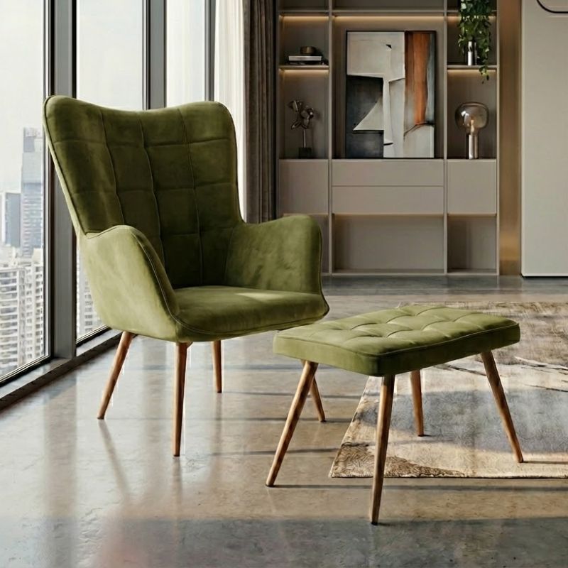 Πολυθρόνα – Μπερζέρα με υποπόδιο Lily Megapap λαδί βελούδο – μεταλλικό πόδι χρώμα φυσικό 70x62x98εκ.