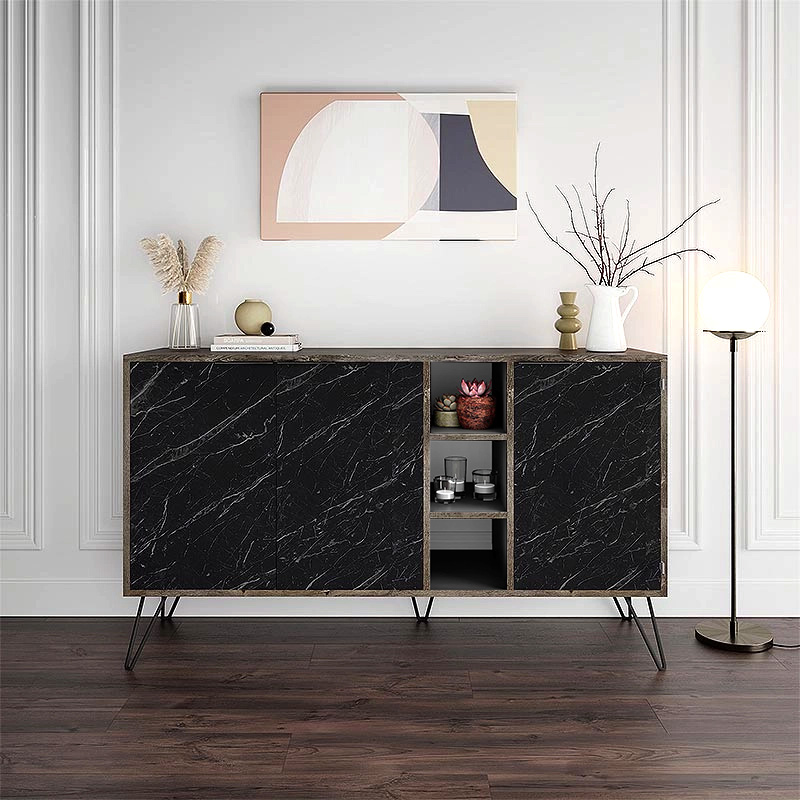 Μπουφές Clara Megapap χρώμα dark coffee – μαύρο εφέ μαρμάρου 142×35,6×83εκ.