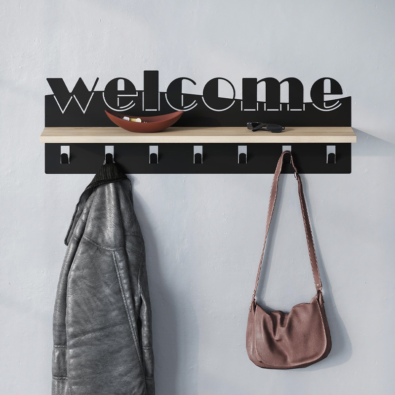 Κρεμάστρα τοίχου Welcome Megapap χρώμα μαύρο – sapphire oak 86×15,2×29εκ.