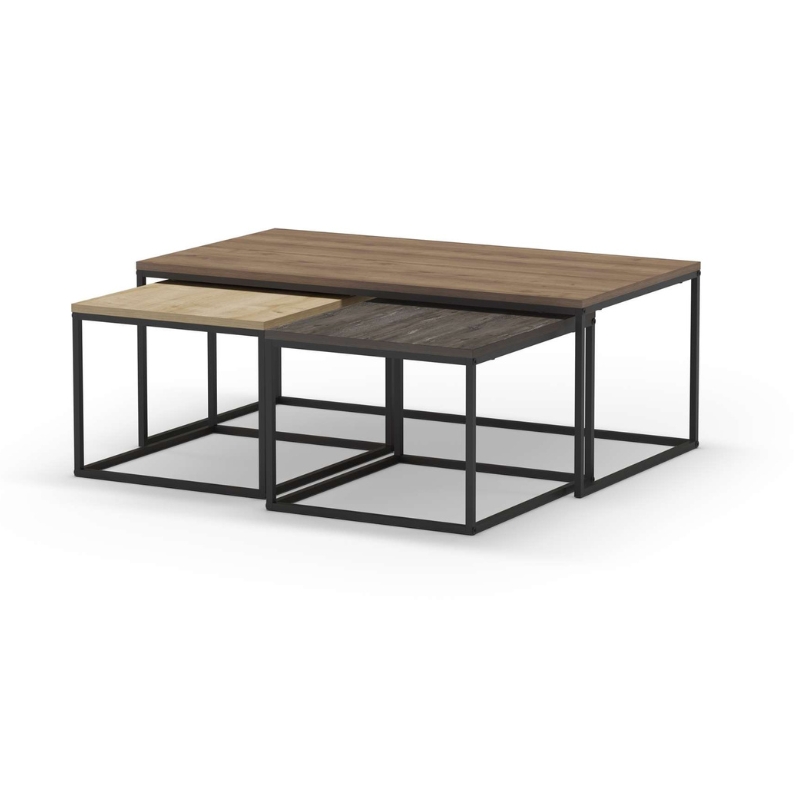 Τραπεζάκι σαλονιού σετ 3 τμχ. Camelia Megapap χρώμα ανοιχτό καρυδί – sapphire oak – καφέ 110x60x41,8εκ.