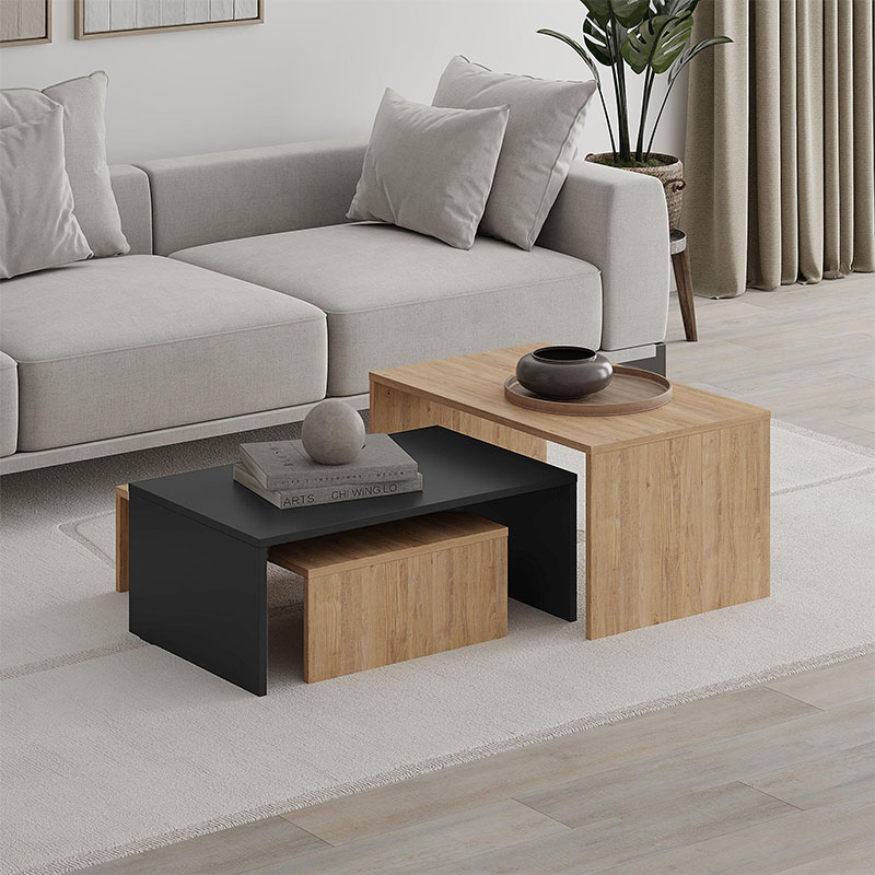 Τραπεζάκι σαλονιού σετ 3 τμχ. Kanta Megapap χρώμα sapphire oak – silky black 80x50x40,5εκ.