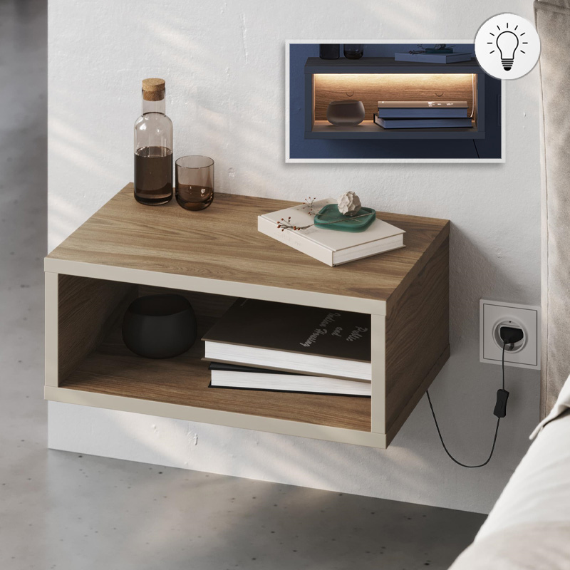 Κομοδίνο επιτοίχιο Brik Megapap με LED χρώμα καρυδί – sandstone 45x30x18εκ.