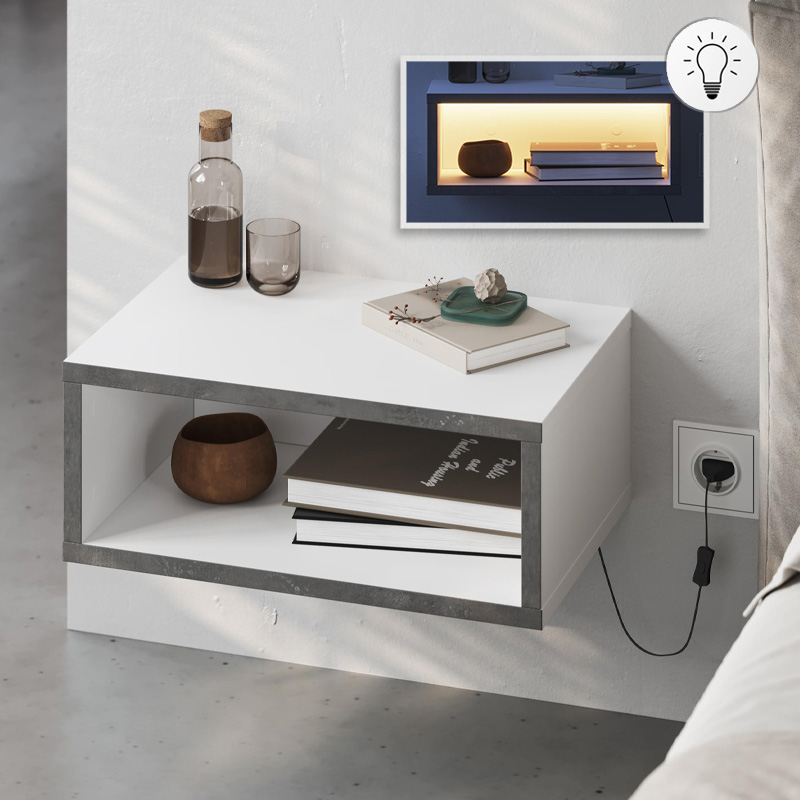 Κομοδίνο επιτοίχιο Brik Megapap με LED χρώμα λευκό – γκρι ρετρό 45x30x18εκ.