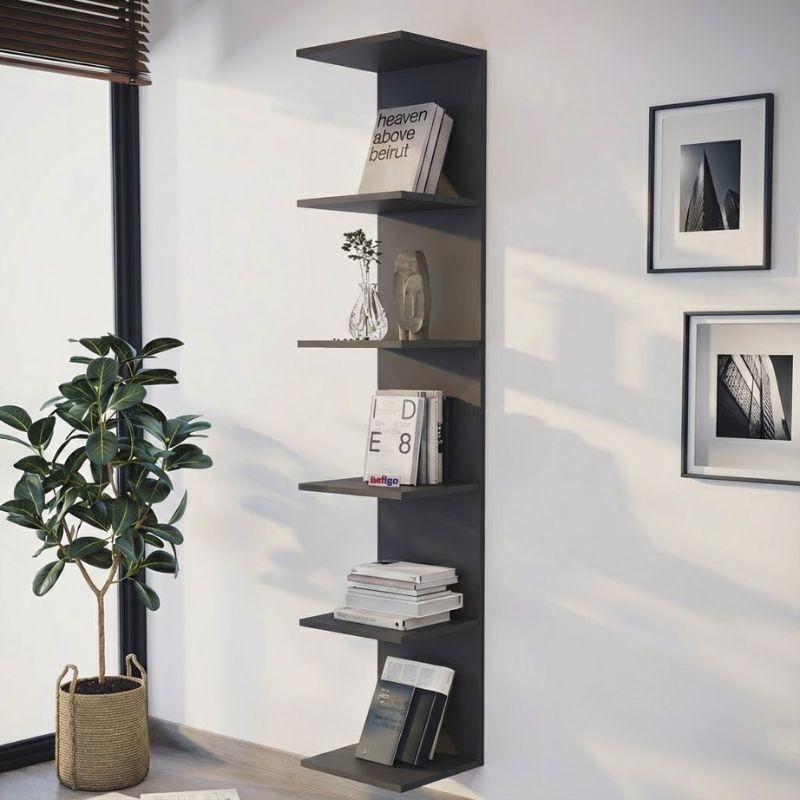 Βιβλιοθήκη – Ραφιέρα τοίχου Ogden Megapap χρώμα ανθρακί 34,5x30x180εκ.