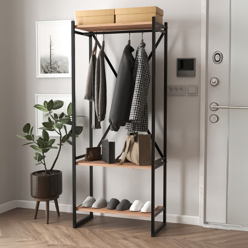 Έπιπλο εισόδου – Κρεμάστρα Zula Megapap μεταλλική – μελαμίνης χρώμα μαύρο – pine oak 66x30x160εκ.