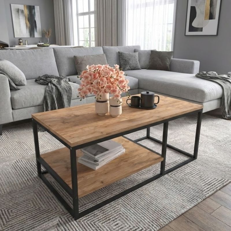 Τραπεζάκι σαλονιού Kane Megapap μεταλλικό – μελαμίνης χρώμα pine oak 106x50x42εκ.