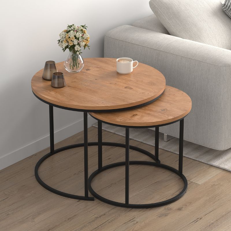 Τραπεζάκι σαλονιού σετ 2 τμχ Hilal Megapap χρώμα pine oak Ø66×49,5εκ.