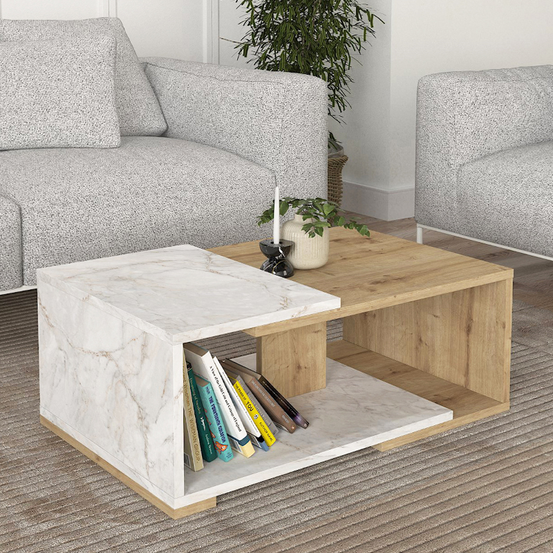 Τραπεζάκι σαλονιού Mareta Megapap χρώμα λευκό εφέ μαρμάρου – sapphire oak 81,8x50x35εκ.