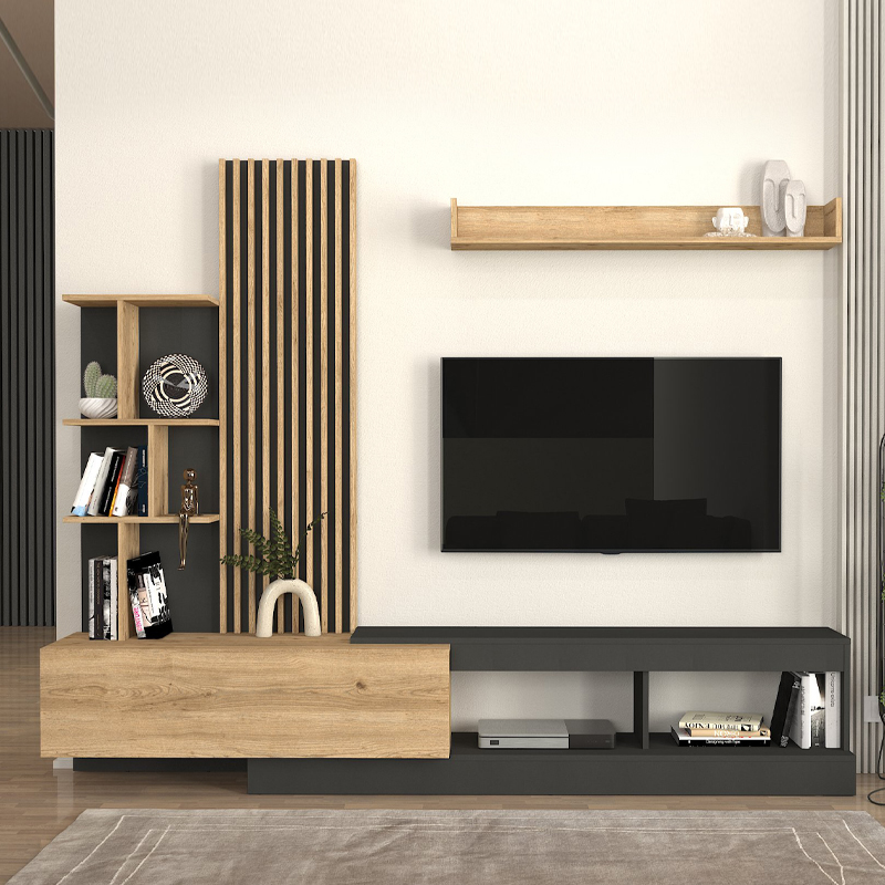 Σύνθεση τηλεόρασης Vermont Megapap χρώμα ανθρακί – sepet oak 240x40x192εκ.
