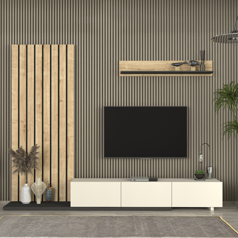 Σύνθεση τηλεόρασης Nagini Megapap χρώμα ivory – sapphire oak – ανθρακί 260×39,4×203,6εκ.
