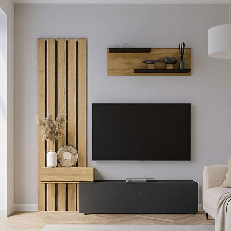 Σύνθεση τηλεόρασης Rosaline Megapap χρώμα ανθρακί – sepet oak 183×31,3×196,9εκ.