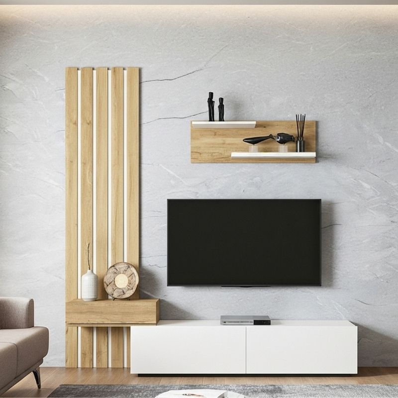 Σύνθεση τηλεόρασης Rosaline Megapap χρώμα λευκό – sepet oak 183×31,3×196,9εκ.