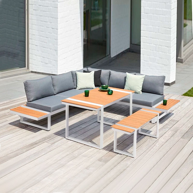 Σαλόνι κήπου γωνιακό Artemis Megapap σετ 4 τμχ μέταλλο – ξύλο χρώμα λευκό – καρυδί