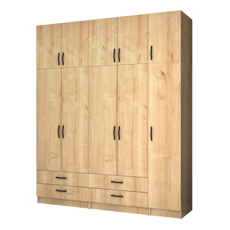 Ντουλάπα ρούχων Ricardo Megapap πεντάφυλλη με πατάρι και συρτάρια χρώμα φυσικό οξιάς 200×51,8×240εκ.