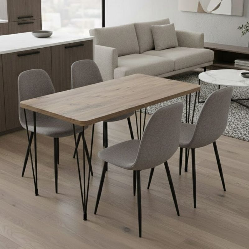 Σετ τραπεζαρία 5τμχ Roger – Iris Megapap Mdf – ύφασμα χρώμα ακακίας – ανοιχτό μπεζ 120x70x75εκ.