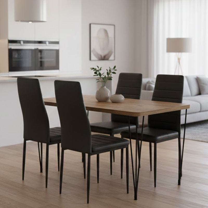 Σετ τραπεζαρία 5τμχ Roger – Rosa Megapap Mdf – PU χρώμα ακακίας – μαύρο 120x70x75εκ.