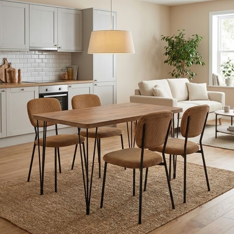 Σετ τραπεζαρία 5τμχ Roger – Kevin Megapap Mdf – ύφασμα χρώμα ακακίας – μουσταρδί 120x70x75εκ.