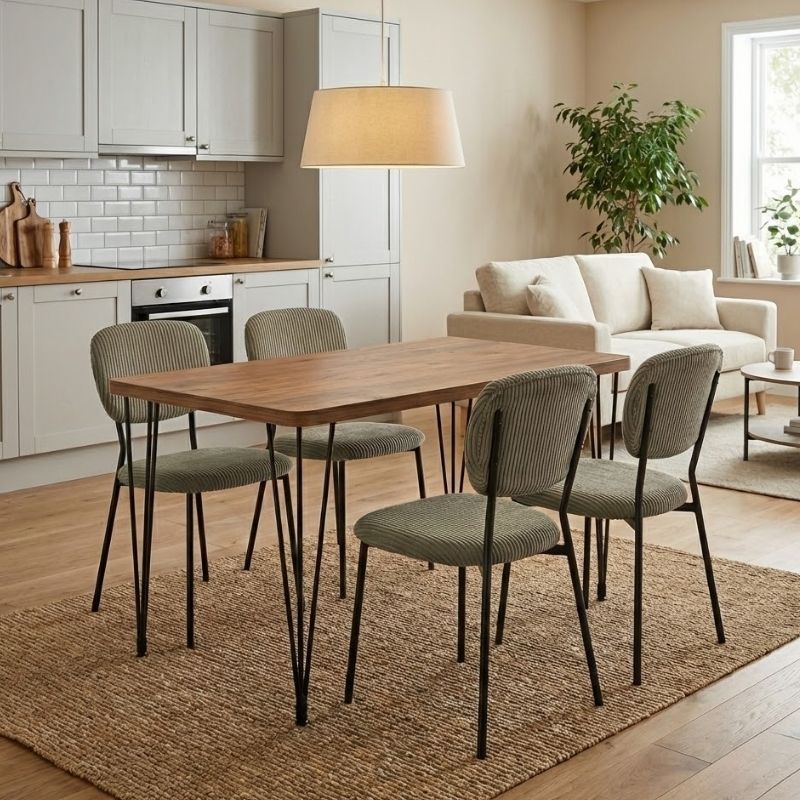 Σετ τραπεζαρία 5τμχ Roger – Kevin Megapap Mdf – ύφασμα χρώμα ακακίας – λαδί 120x70x75εκ.