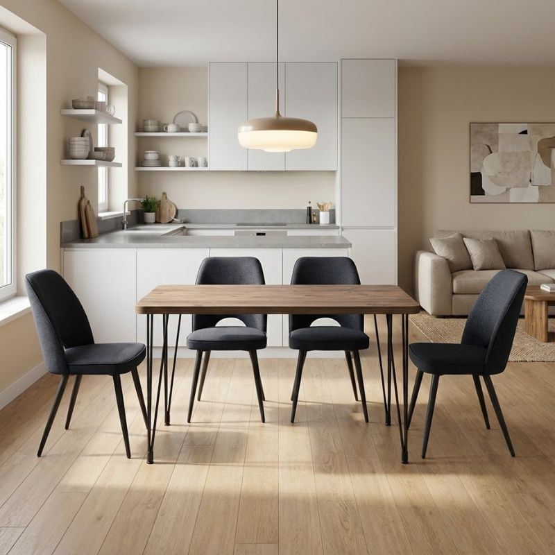 Σετ τραπεζαρία 5τμχ Roger – Christy Megapap Mdf – ύφασμα χρώμα ακακίας – ανθρακί 120x70x75εκ.