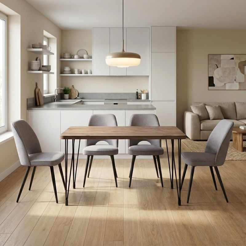 Σετ τραπεζαρία 5τμχ Roger – Christy Megapap Mdf – ύφασμα χρώμα ακακίας – ανοιχτό μπεζ 120x70x75εκ.