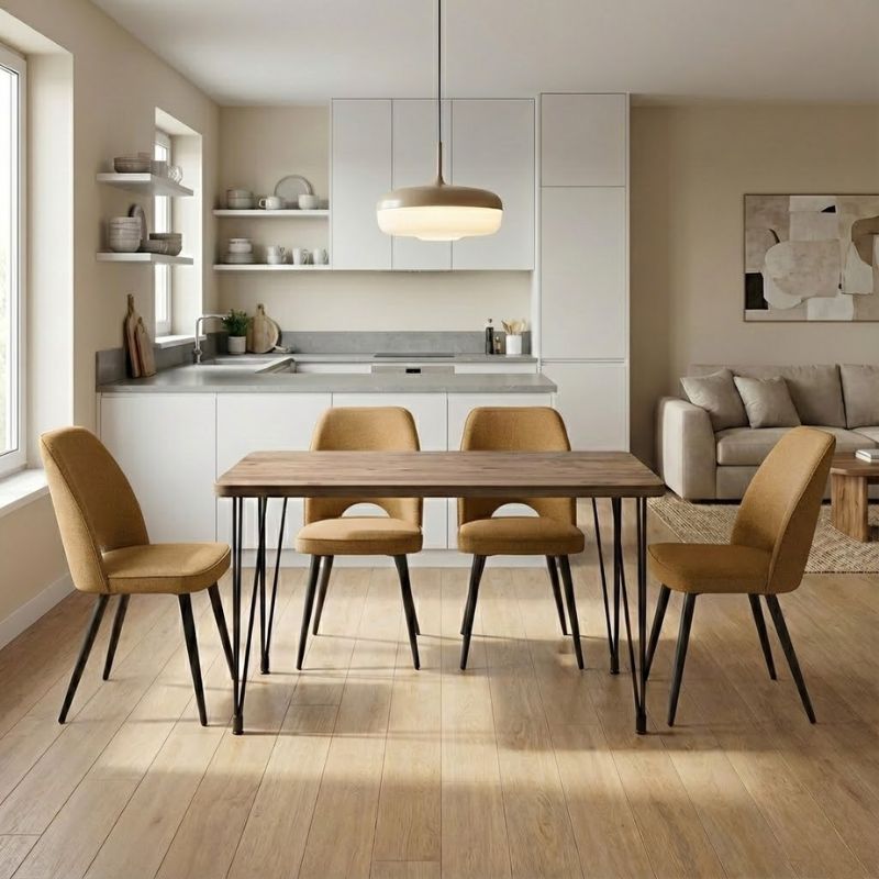 Σετ τραπεζαρία 5τμχ Roger – Christy Megapap Mdf – ύφασμα χρώμα ακακίας – μουσταρδί 120x70x75εκ.