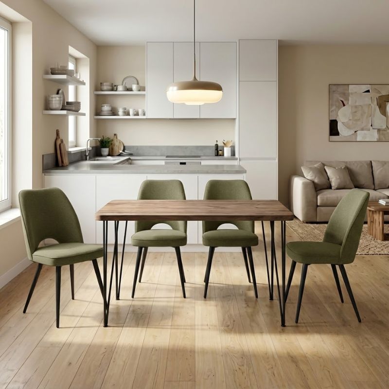 Σετ τραπεζαρία 5τμχ Roger – Christy Megapap Mdf – ύφασμα χρώμα ακακίας – λαδί 120x70x75εκ.