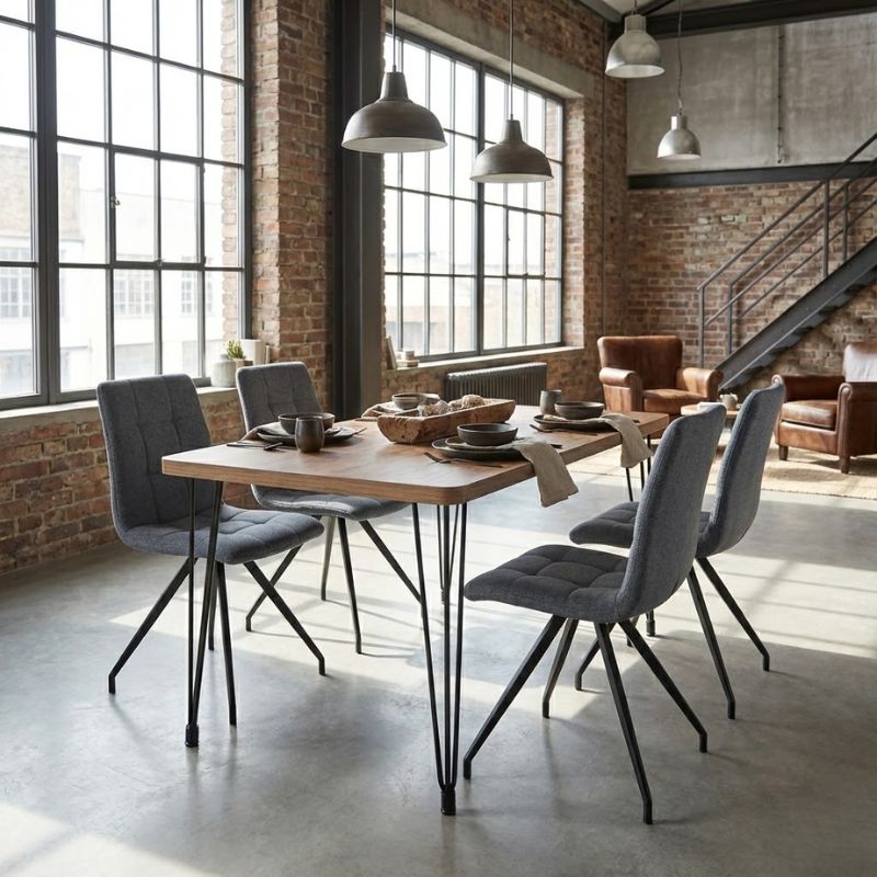 Σετ τραπεζαρία 5τμχ Roger – Bianca Megapap Mdf – ύφασμα χρώμα ακακίας – γκρι 120x70x75εκ.