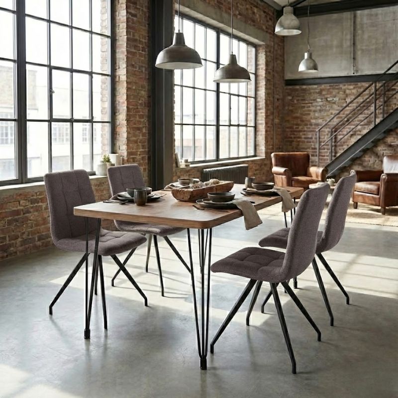 Σετ τραπεζαρία 5τμχ Roger – Bianca Megapap Mdf – ύφασμα χρώμα ακακίας – ανοιχτό μπεζ 120x70x75εκ.