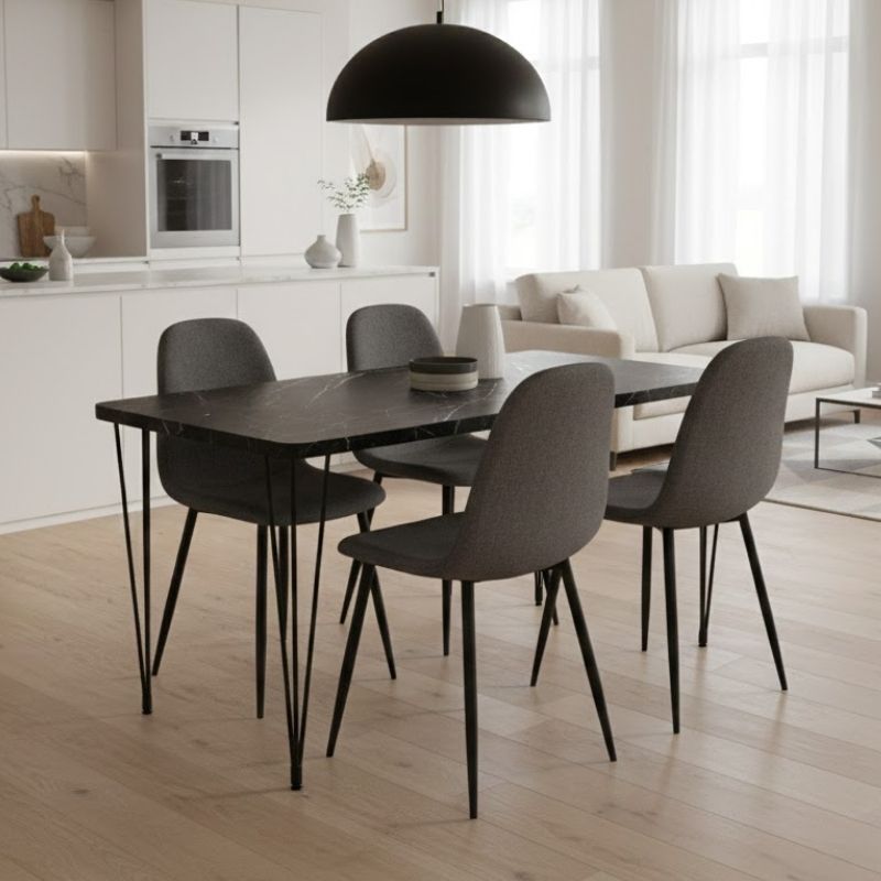 Σετ τραπεζαρία 5τμχ Roger – Iris Megapap Mdf – ύφασμα χρώμα μαύρο εφέ μαρμάρου – γκρι 120x70x75εκ.