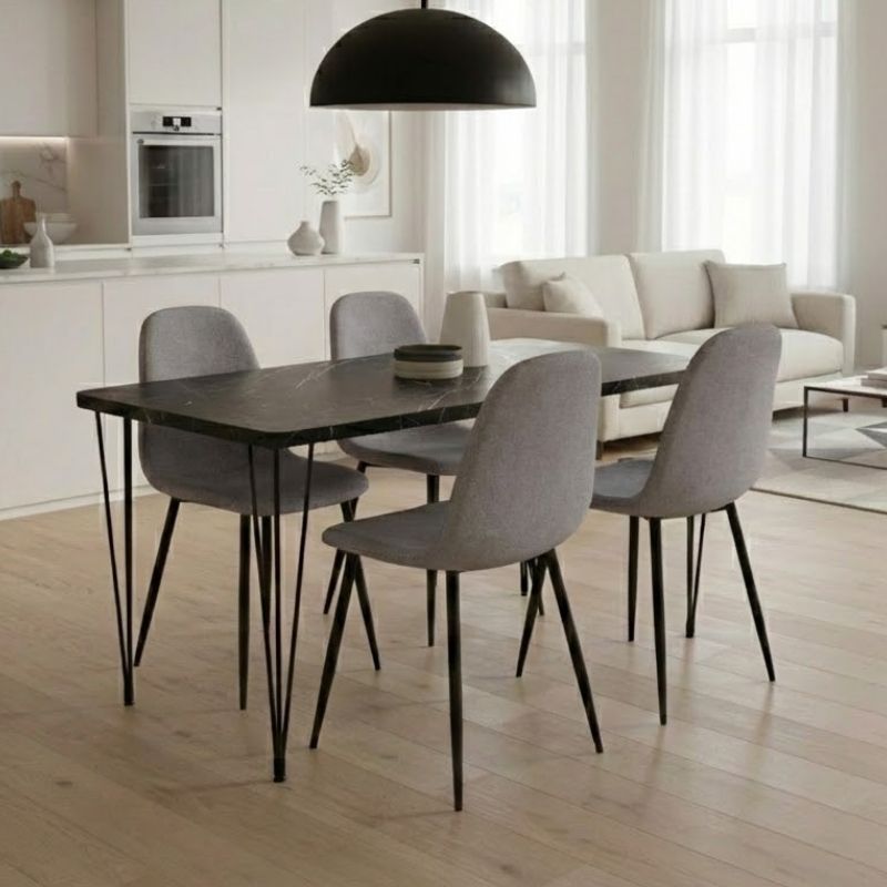 Σετ τραπεζαρία 5τμχ Roger – Iris Megapap Mdf – ύφασμα χρώμα μαύρο εφέ μαρμάρου – ανοιχτό μπεζ 120x70x75εκ.