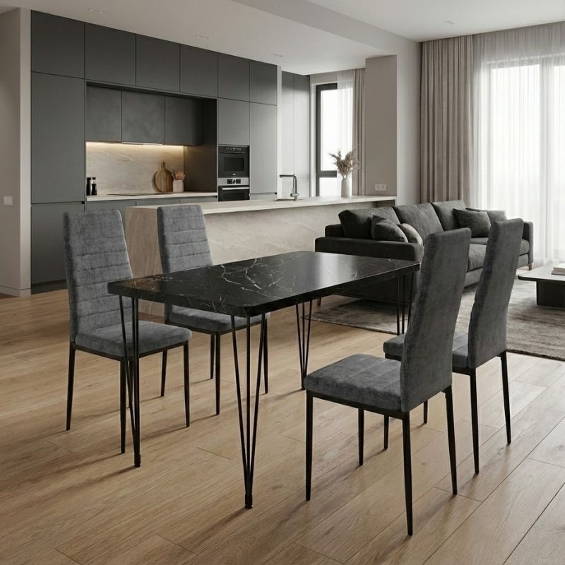 Σετ τραπεζαρία 5τμχ Roger – Rosa Megapap Mdf – ύφασμα χρώμα μαύρο εφέ μαρμάρου – γκρι 120x70x75εκ.