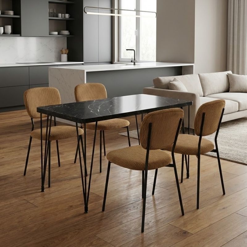 Σετ τραπεζαρία 5τμχ Roger – Kevin Megapap Mdf – ύφασμα χρώμα μαύρο εφέ μαρμάρου – μουσταρδί 120x70x75εκ.