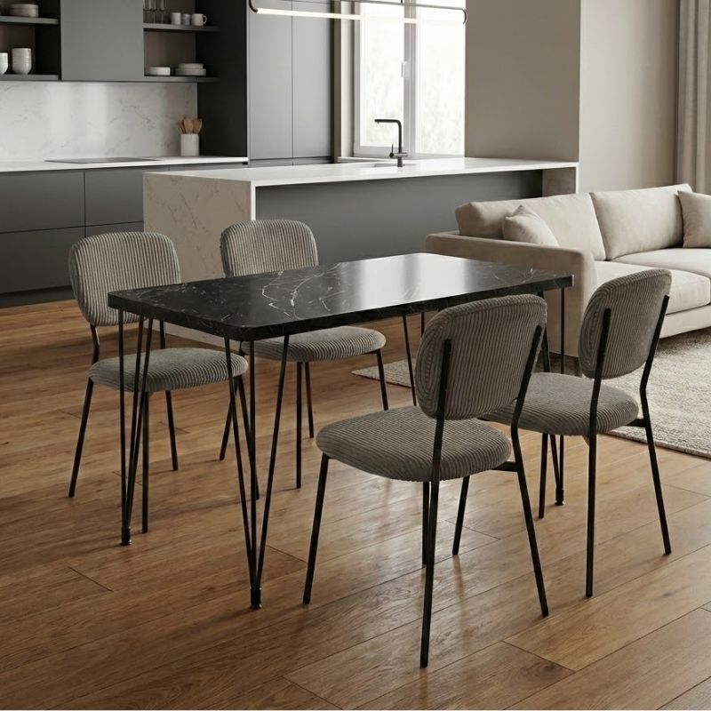 Σετ τραπεζαρία 5τμχ Roger – Kevin Megapap Mdf – ύφασμα χρώμα μαύρο εφέ μαρμάρου – λαδί 120x70x75εκ.