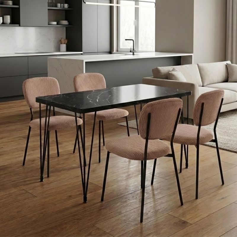 Σετ τραπεζαρία 5τμχ Roger – Kevin Megapap Mdf – ύφασμα χρώμα μαύρο εφέ μαρμάρου – μόκα 120x70x75εκ.