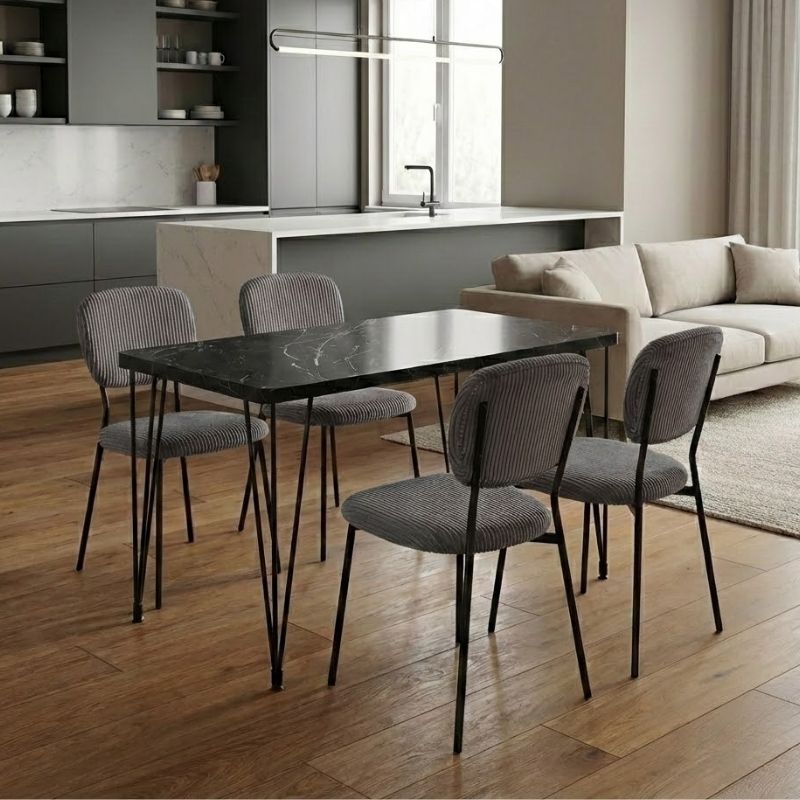 Σετ τραπεζαρία 5τμχ Roger – Kevin Megapap Mdf – ύφασμα χρώμα μαύρο εφέ μαρμάρου – γκρι 120x70x75εκ.