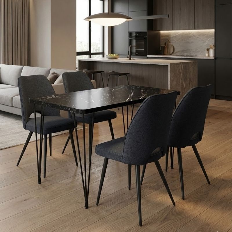 Σετ τραπεζαρία 5τμχ Roger – Christy Megapap Mdf – ύφασμα χρώμα μαύρο εφέ μαρμάρου – ανθρακί 120x70x75εκ.