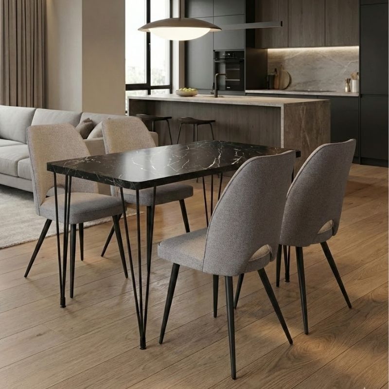 Σετ τραπεζαρία 5τμχ Roger – Christy Megapap Mdf – ύφασμα χρώμα μαύρο εφέ μαρμάρου – ανοιχτό μπεζ 120x70x75εκ.