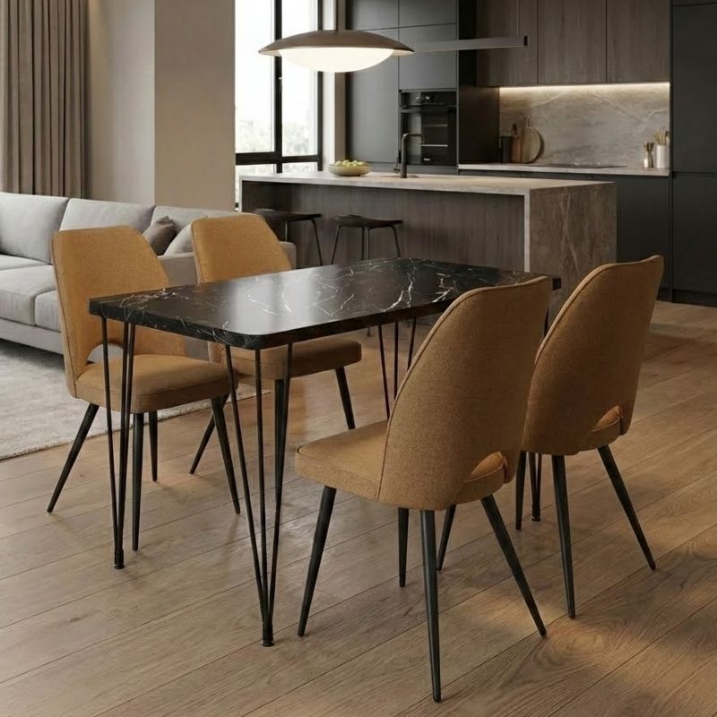 Σετ τραπεζαρία 5τμχ Roger – Christy Megapap Mdf – ύφασμα χρώμα μαύρο εφέ μαρμάρου – μουσταρδί 120x70x75εκ.