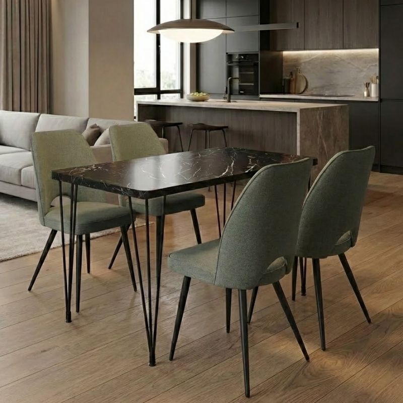 Σετ τραπεζαρία 5τμχ Roger – Christy Megapap Mdf – ύφασμα χρώμα μαύρο εφέ μαρμάρου – λαδί 120x70x75εκ.