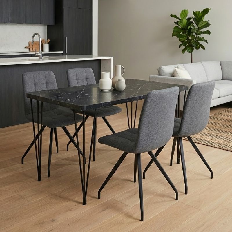 Σετ τραπεζαρία 5τμχ Roger – Bianca Megapap Mdf – ύφασμα χρώμα μαύρο εφέ μαρμάρου – γκρι 120x70x75εκ.