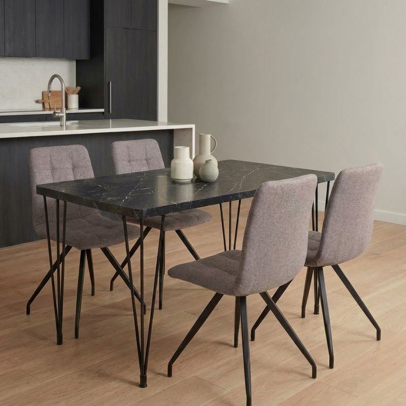 Σετ τραπεζαρία 5τμχ Roger – Bianca Megapap Mdf – ύφασμα χρώμα μαύρο εφέ μαρμάρου – ανοιχτό μπεζ 120x70x75εκ.