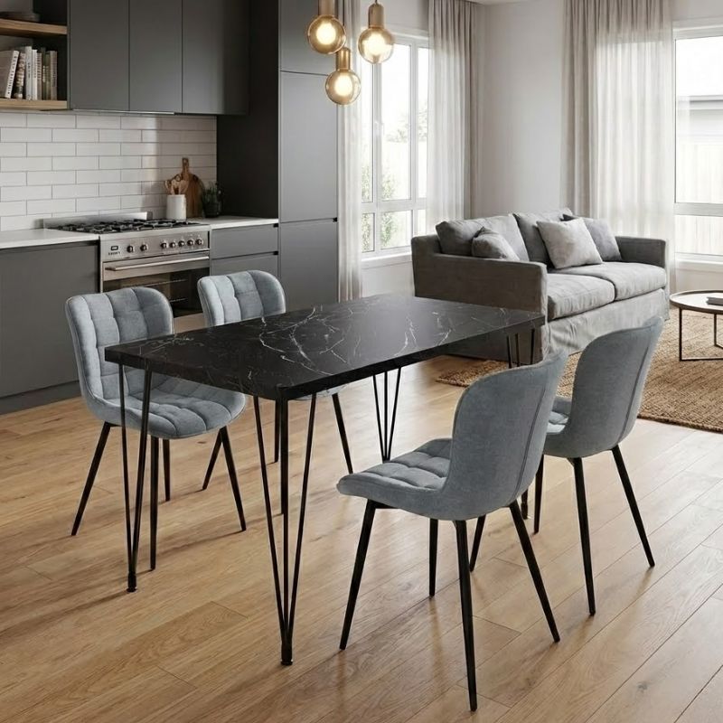 Σετ τραπεζαρία 5τμχ Roger – Chiara Megapap Mdf – ύφασμα χρώμα μαύρο εφέ μαρμάρου – γκρι 120x70x75εκ.