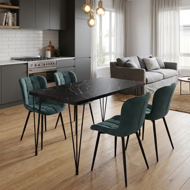 Σετ τραπεζαρία 5τμχ Roger – Chiara Megapap Mdf – ύφασμα χρώμα μαύρο εφέ μαρμάρου – πράσινο 120x70x75εκ.