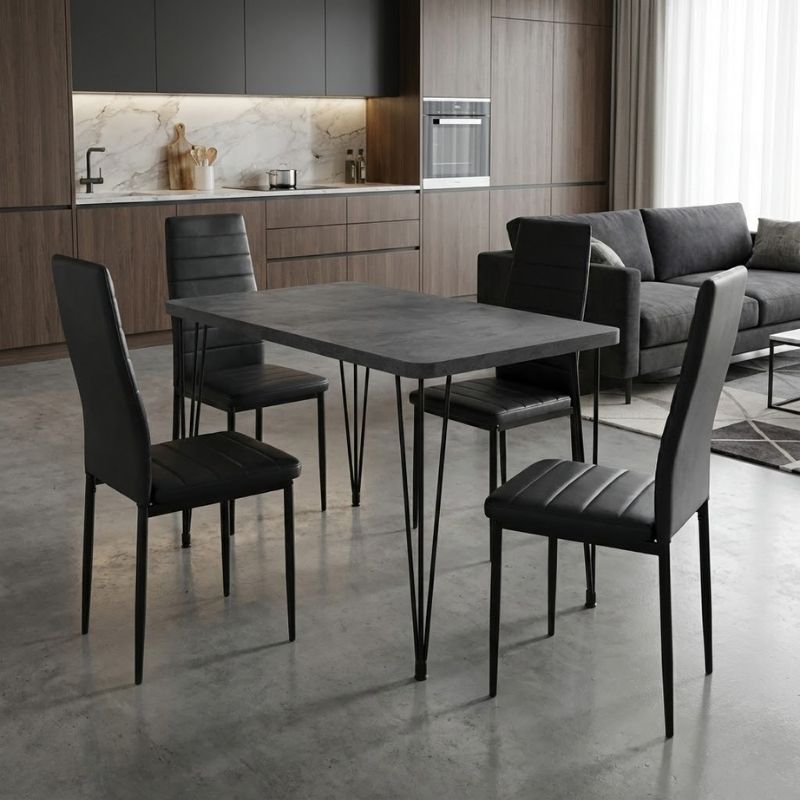 Σετ τραπεζαρία 5τμχ Roger – Rosa Megapap Mdf – PU χρώμα σκούρο γκρι σκυροδέματος – μαύρο 120x70x75εκ.