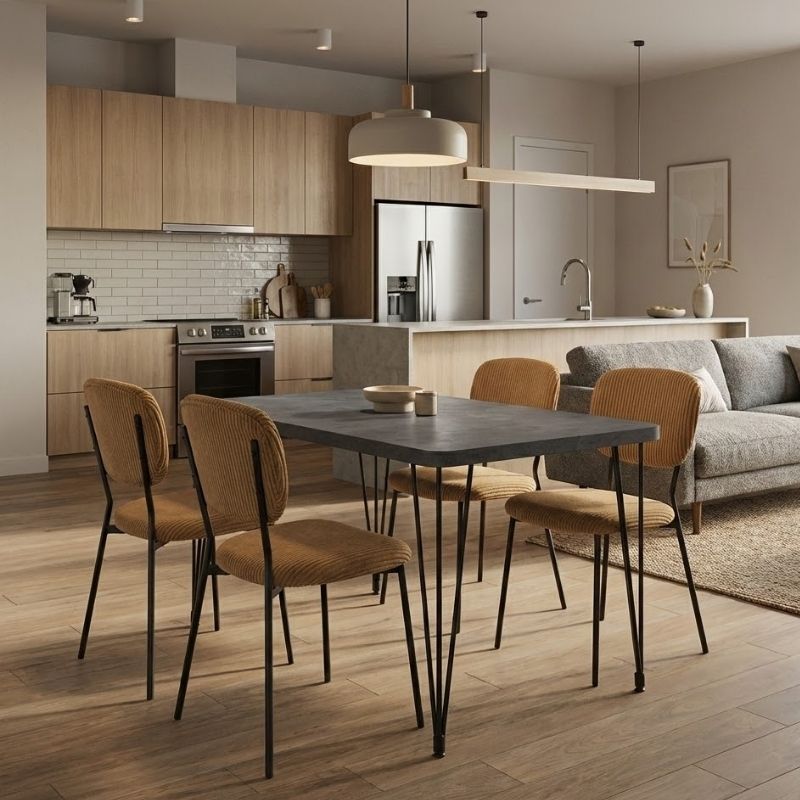 Σετ τραπεζαρία 5τμχ Roger – Kevin Megapap Mdf – ύφασμα χρώμα σκούρο γκρι σκυροδέματος – μουσταρδί 120x70x75εκ.