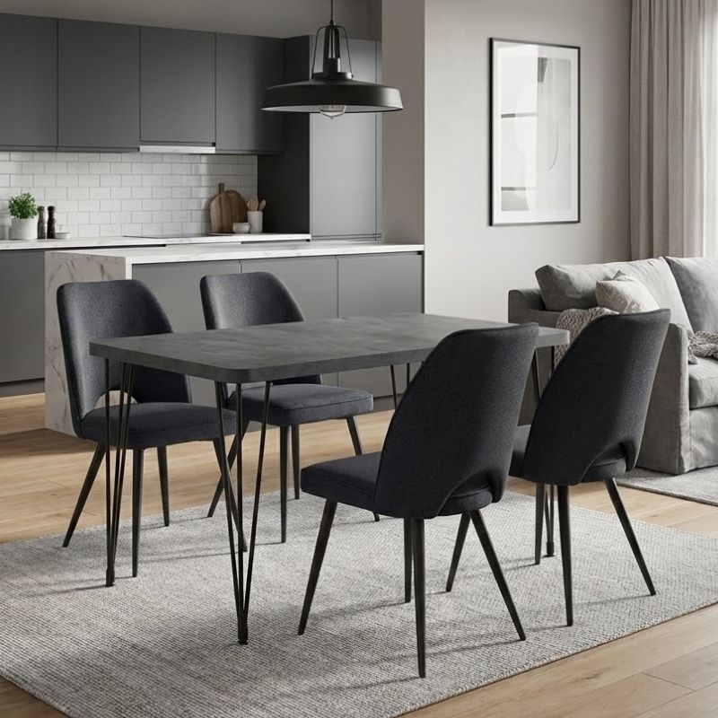 Σετ τραπεζαρία 5τμχ Roger – Christy Megapap Mdf – ύφασμα χρώμα σκούρο γκρι σκυροδέματος – ανθρακί 120x70x75εκ.