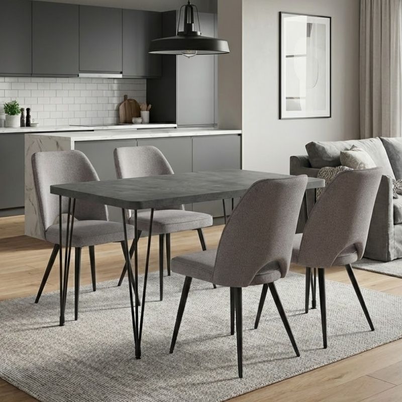 Σετ τραπεζαρία 5τμχ Roger – Christy Megapap Mdf – ύφασμα χρώμα σκούρο γκρι σκυροδέματος – ανοιχτό μπεζ 120x70x75εκ.